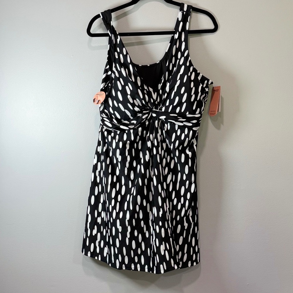 Shapermint Essentials 4XL Black White Knot-Front Swim Dress Polka Dot #81006‎